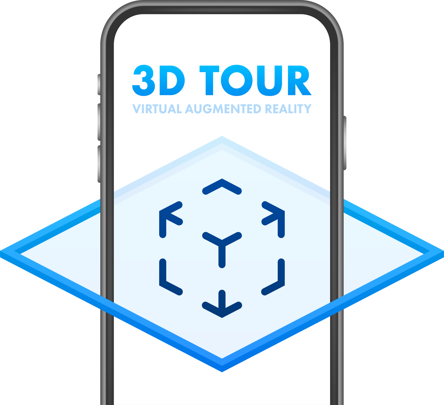 3d Virtual tour. Virtual reality journey. Panoramic view sign. Vector stock illustration.